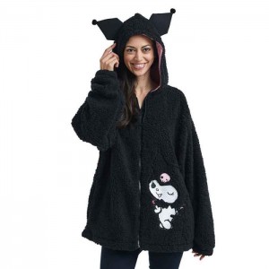 Black Hello Kitty Kuromi Cozy Sherpa Zip Lounge Hoodie | NZ_HK65792