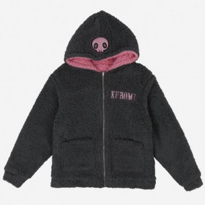 Pink / Black Hello Kitty Kuromi & My Melody x Dumbgood Reversible Sherpa Zip Hoodie | NZ_HK41544