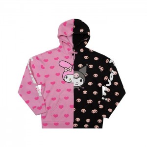 Pink / Black Hello Kitty My Melody & Kuromi Split Pullover Hoodie | NZ_HK17468