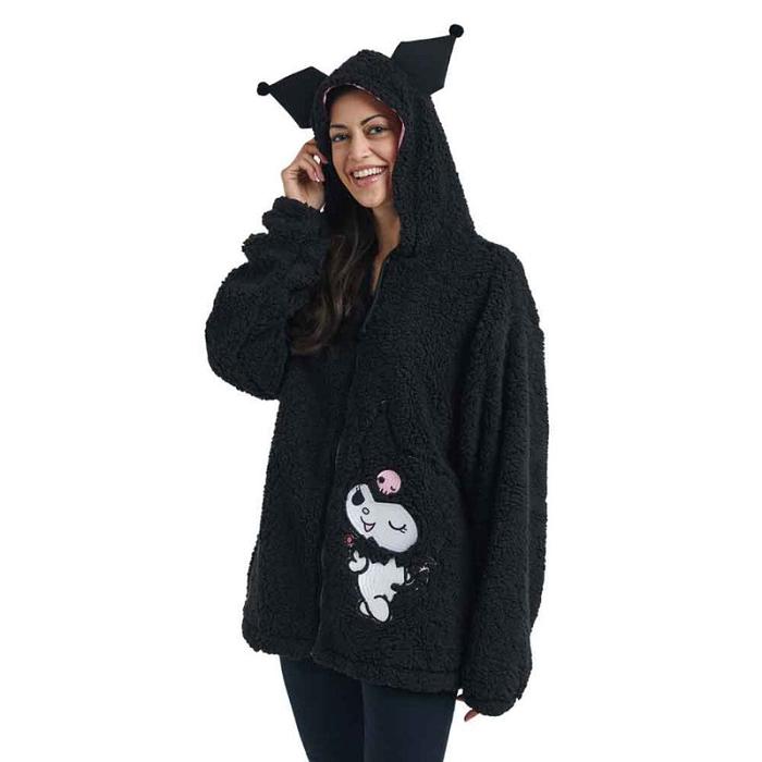 Black Hello Kitty Kuromi Cozy Sherpa Zip Lounge Hoodie | NZ_HK65792