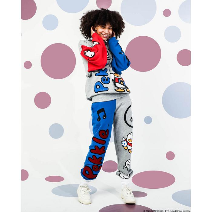 Grey / Blue Hello Kitty Pekkle x Dumbgood Puff Print Sweatpants | NZ_HK84004