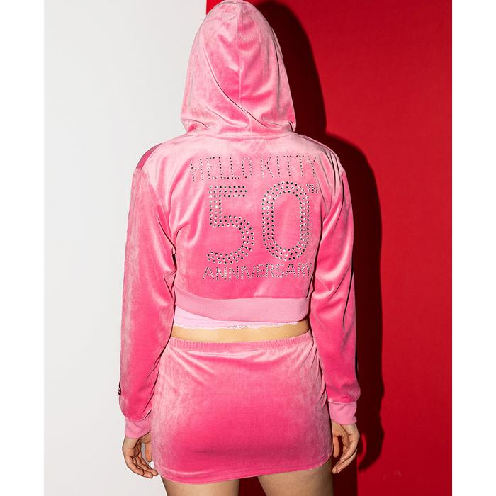 Pink Hello Kitty Hello Kitty x Dumbgood Pink Velour Cropped Hoodie (50th Anniv.) | NZ_HK16013