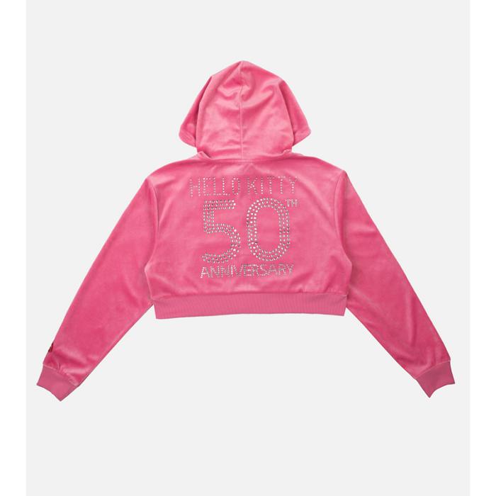 Pink Hello Kitty Hello Kitty x Dumbgood Pink Velour Cropped Hoodie (50th Anniv.) | NZ_HK16013