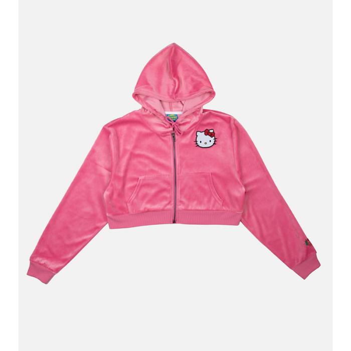 Pink Hello Kitty Hello Kitty x Dumbgood Pink Velour Cropped Hoodie (50th Anniv.) | NZ_HK16013