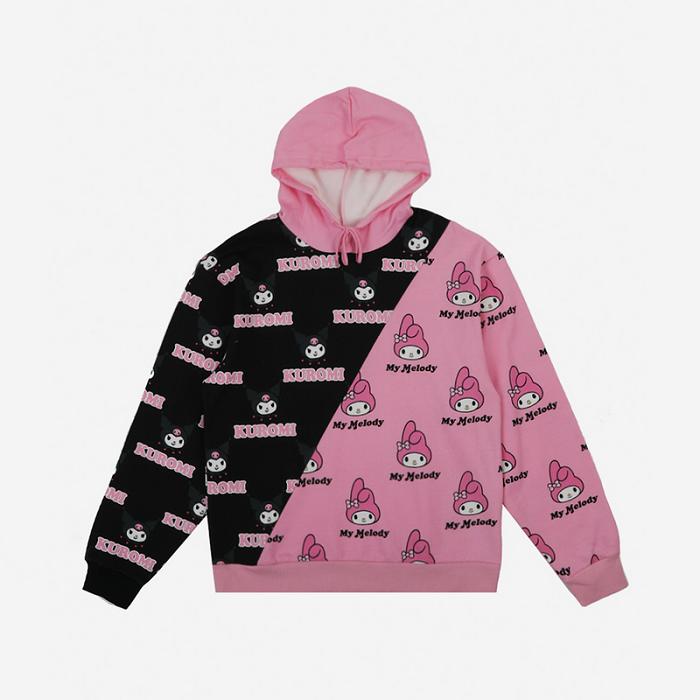 Pink / Black Hello Kitty My Melody & Kuromi x Dumbgood Pattern Split Hoodie | NZ_HK60974