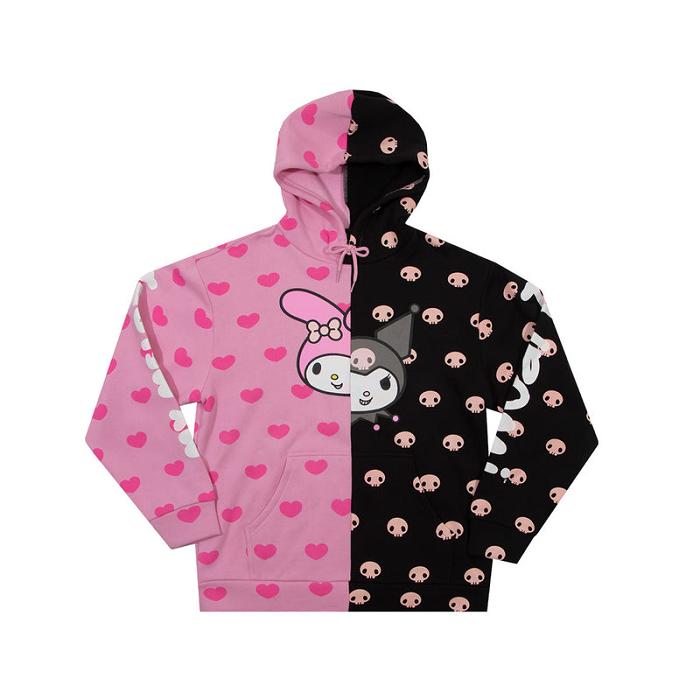 Pink / Black Hello Kitty My Melody & Kuromi x Dumbgood Split Hoodie | NZ_HK48023